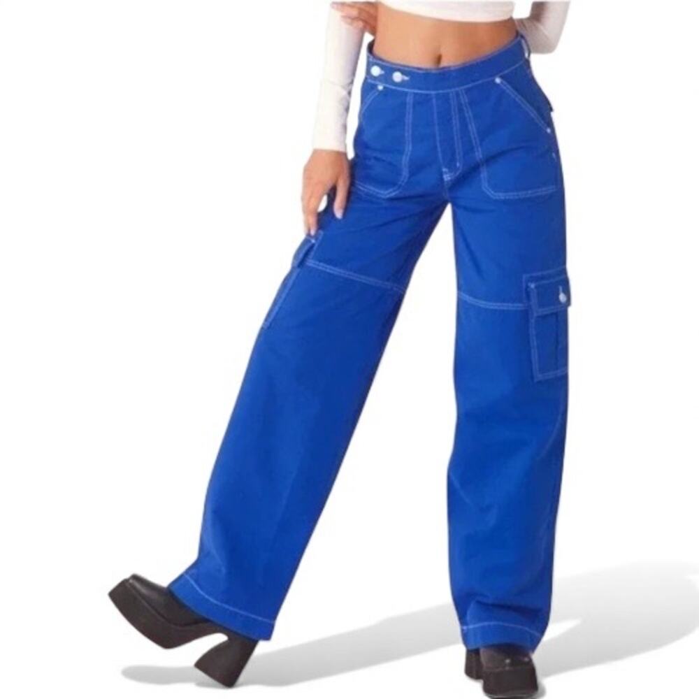 REVICE Denim Aviator Cargo Pant Women’s 25 Electric Blue Wide Leg Pockets NEW